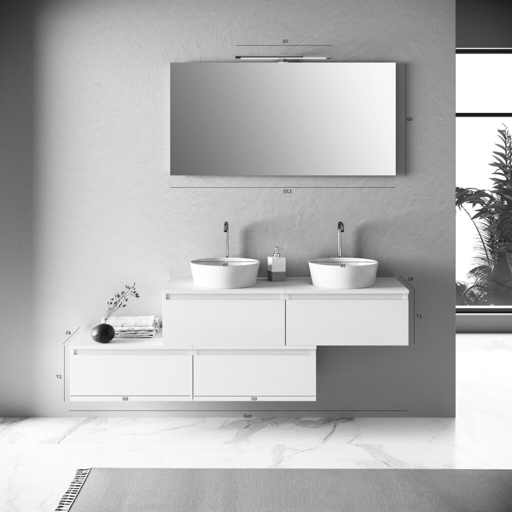 Mobile Bagno 160cm Con Doppio Lavabo, 4 Basi Con Cassetti E Specchio Con Lampada - Sherwood Naturale