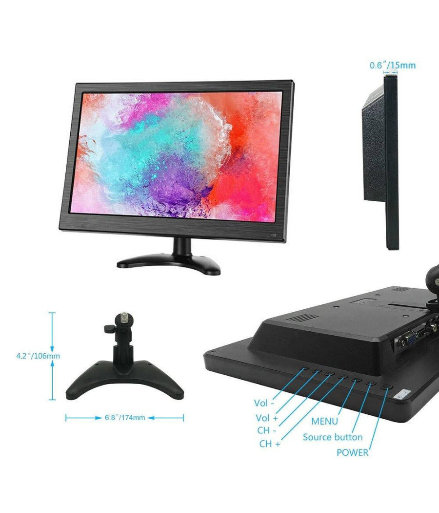 Monitor Hdmi Vga Schermo Lcd Tft 13.3 Pollici 1080p Altoparlante Bnc Usb Rca         