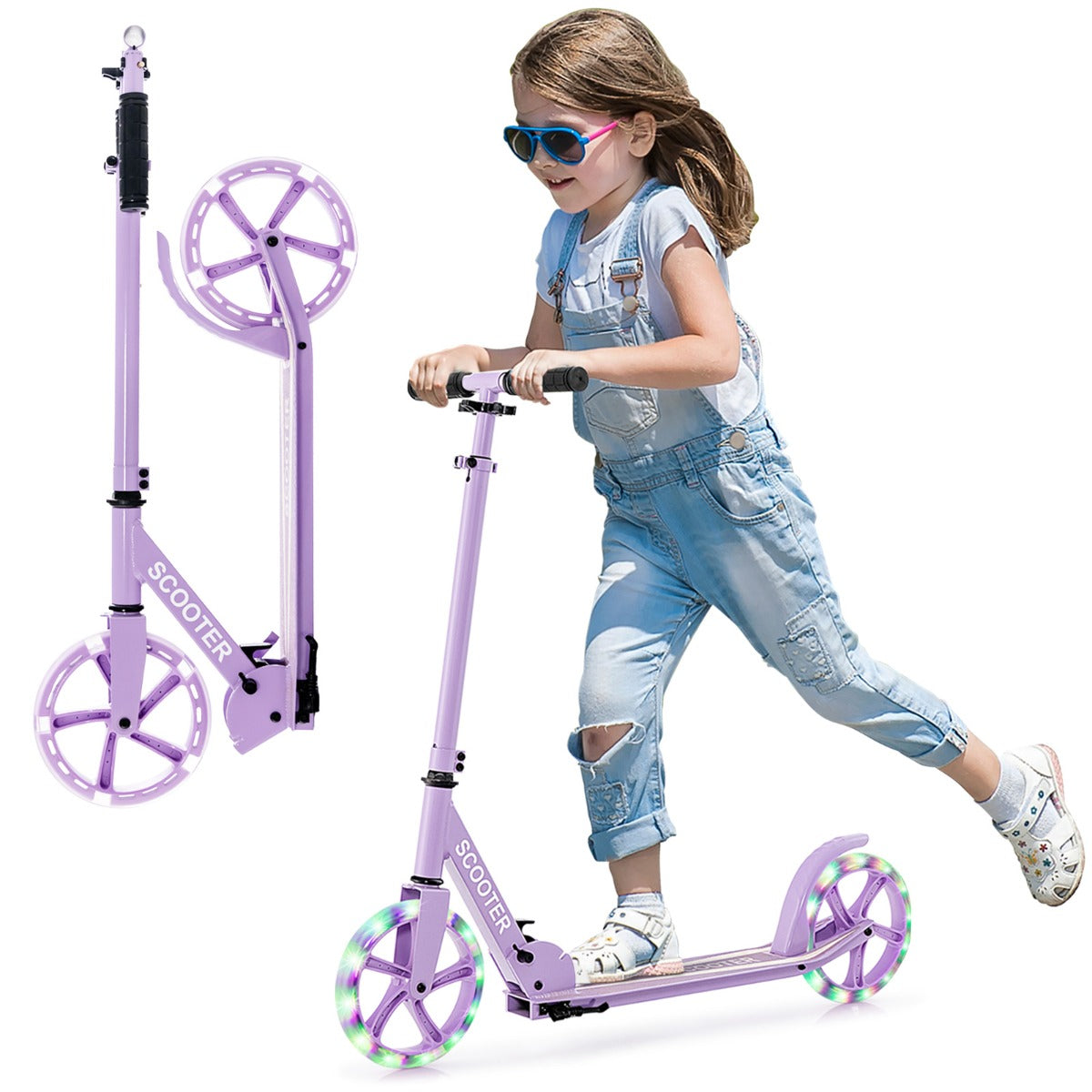 Monopattino per adolescenti e adulti con 2 ruote illuminate con freno carico 110kg, Monopattino pieghevole Viola-Monopattini