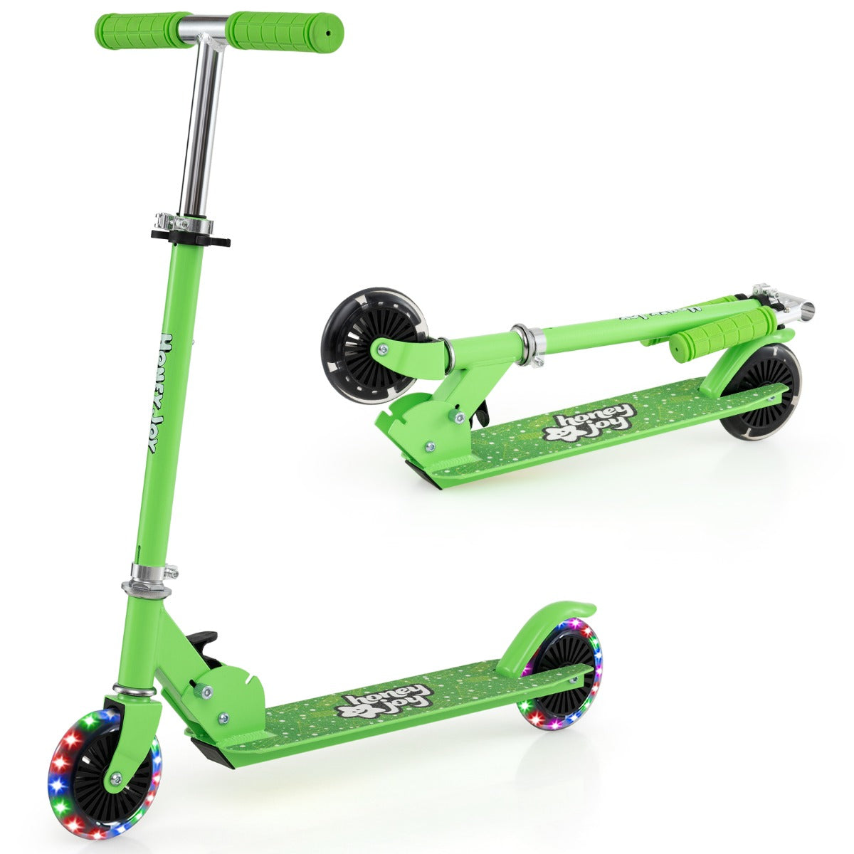 Monopattino per bambini con ruote a led manubrio regolabile, Monopattino per bambini con meccanismo pieghevole Verde-Monopattini