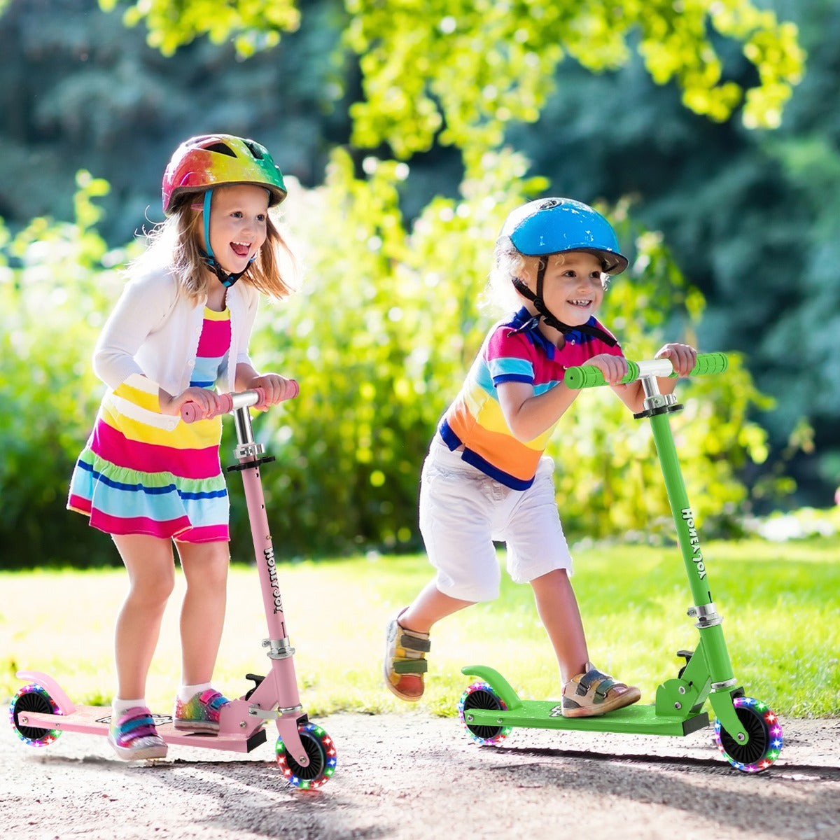 Monopattino per bambini con ruote a led manubrio regolabile, Monopattino per bambini con meccanismo pieghevole Verde-Monopattini
