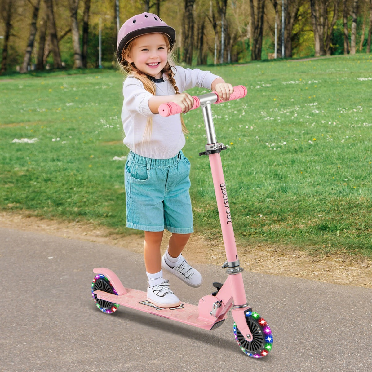 Monopattino pieghevole per bambini e tracolla con manubrio regolabile, Monopattino pieghevole e tracolla Rosa-Monopattini