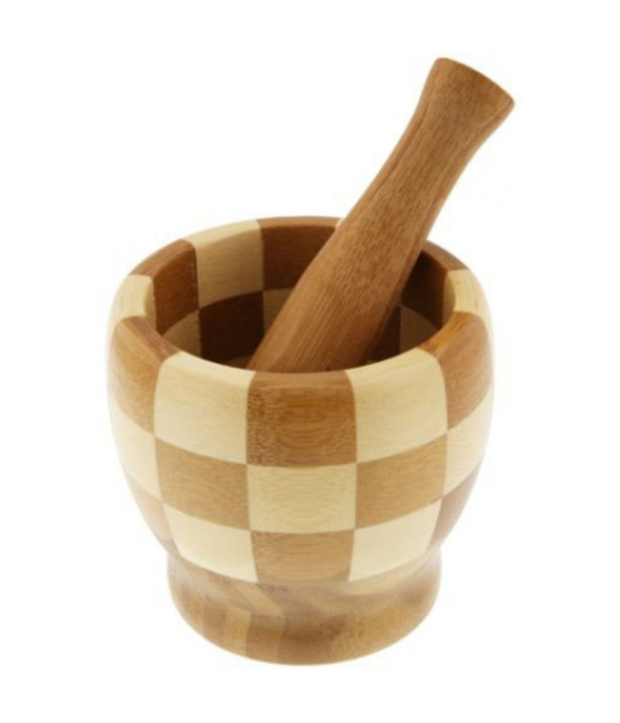 Mortaio Pestello Manuale 11.5x10 Cm In Bamboo Legno Per Pesto Spezie Condimento         