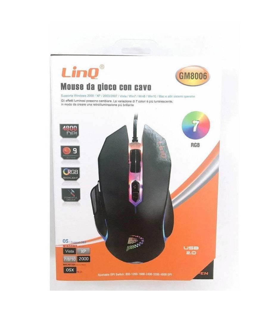 Mouse Gaming Da Gioco Con Filo Usb 2.0 Dpi Regolabile 4800dpi 7 Luci Rgb Gm8006         