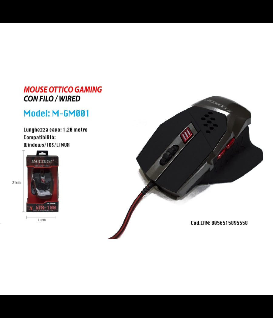 Mouse Gioco 6 Tasti Squadrato Ottico Cursore Precisione Luci Led Maxtech M-gm001         