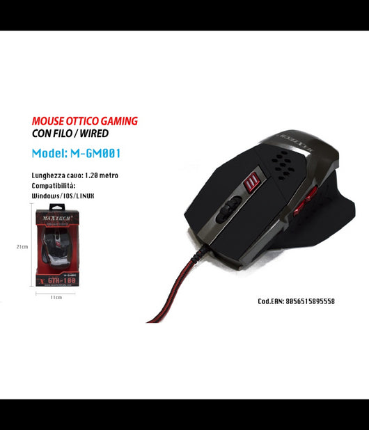 Mouse Gioco 6 Tasti Squadrato Ottico Cursore Precisione Luci Led Maxtech M-gm001         