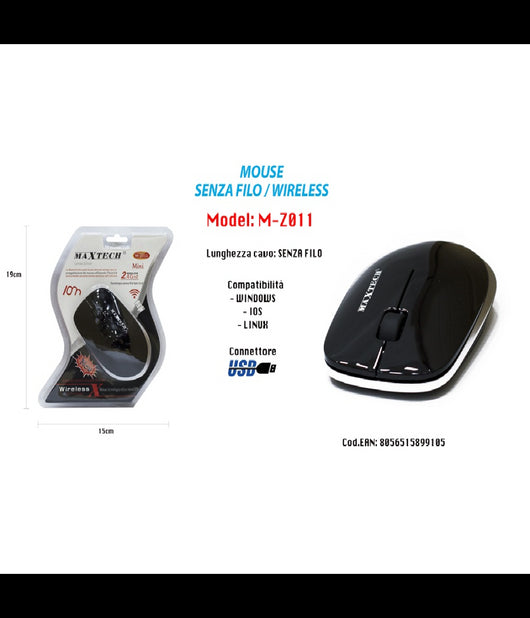 Mouse Senza Fili Wifi 2.4 Ghz Per Computer Pc Notebook Wireless Maxtech M-z011         