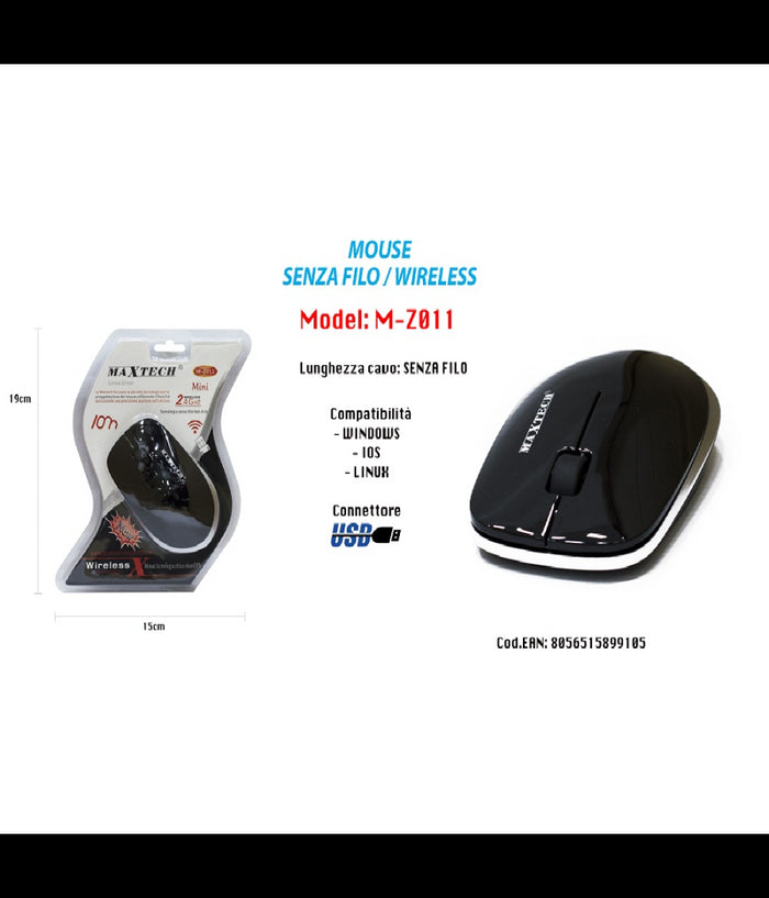 Mouse Senza Fili Wifi 2.4 Ghz Per Computer Pc Notebook Wireless Maxtech M-z011         