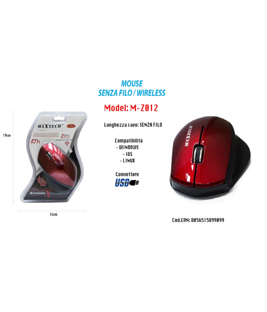 Mouse Wifi Wireless Senza Filo Portatile Pc Computer 1600dpi 2.4ghz Maxtech M-z012         