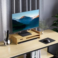 Supporto Monitor con Spazio per Mouse e Tastiera e Ripiano con Cubo Portaoggetti, in Bambù, 49x25.5x11.5 cm