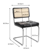 Set di 2 sedie da pranzo in rattan, schienale in rete senza braccioli, gambe in metallo cromato, Nero