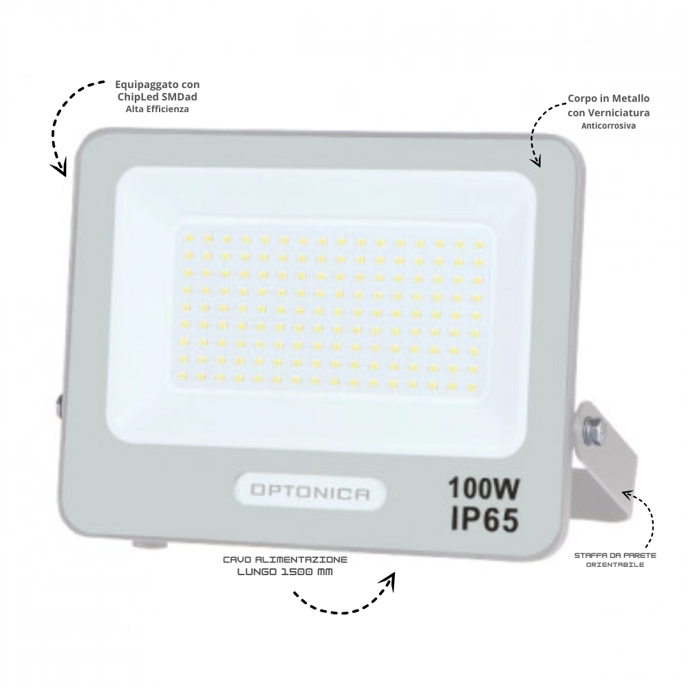 Optonica proiettore led smd corpo bianca luce naturale 100 watt 9000 lumen