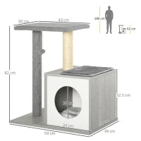 Albero Tiragraffi Multilivello per Gatti e Gattini con Cuccia e Colonna in Corda Sisal, Grigio, 59 x 39 x 62cm