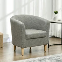 Poltrona Moderna a Pozzetto in Tessuto Effetto Lino con Gambe in Legno, 74x63x73cm, Grigio