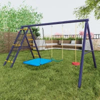 Set altalena Giardino multifunzionale con 3altalene, struttura da arrampicata, canestro da basket,per 3-8anni,Antico blu