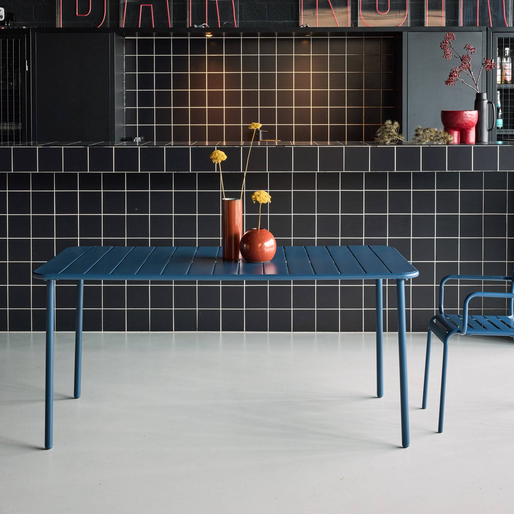 Tavolo da giardino in metallo, 6-8 posti a sedere, blu navy