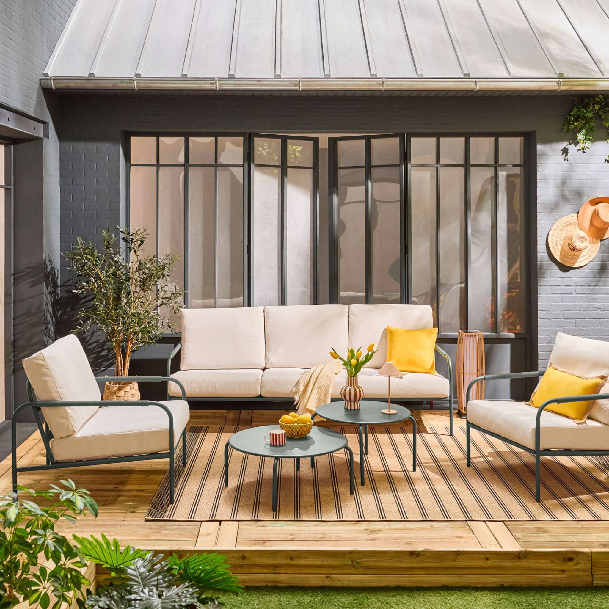 Set da giardino in acciaio, 5 persone, verde kaki