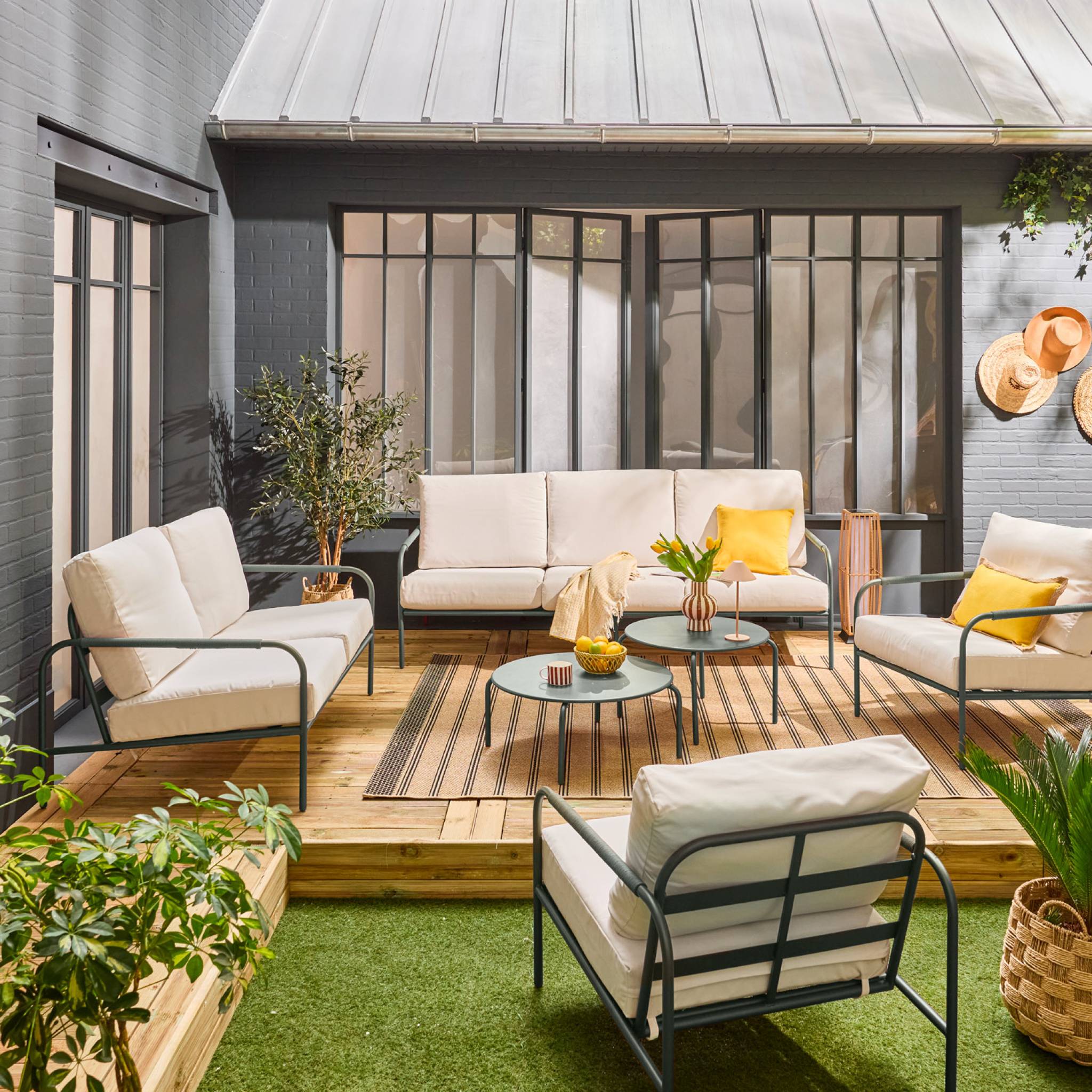 Set da giardino in acciaio, 7 persone, verde kaki