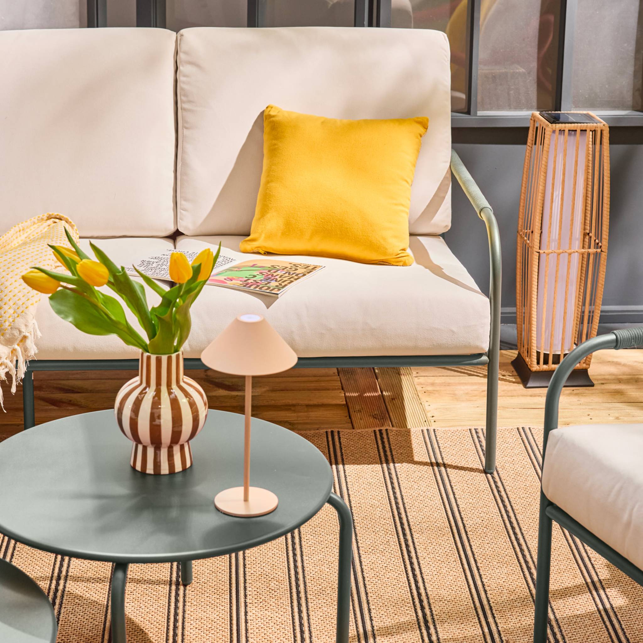 Set da giardino in acciaio, 7 persone, verde kaki