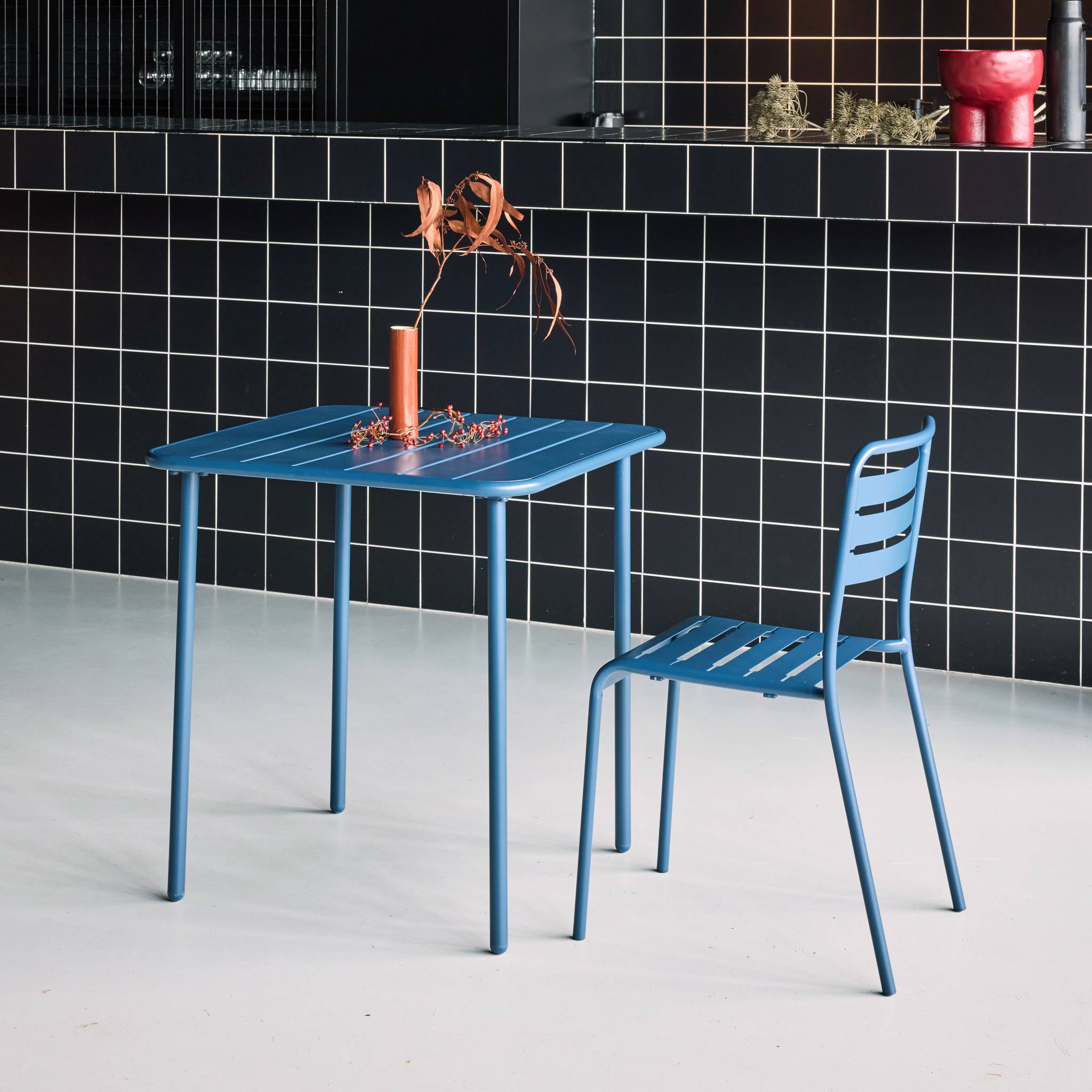 Tavolo da giardino in metallo, 2 posti, blu navy