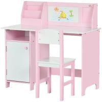 Set Tavolo e Sedie per Bambini 5+ Anni in Legno con Banco Scuola e Sedia Bianco e Rosa
