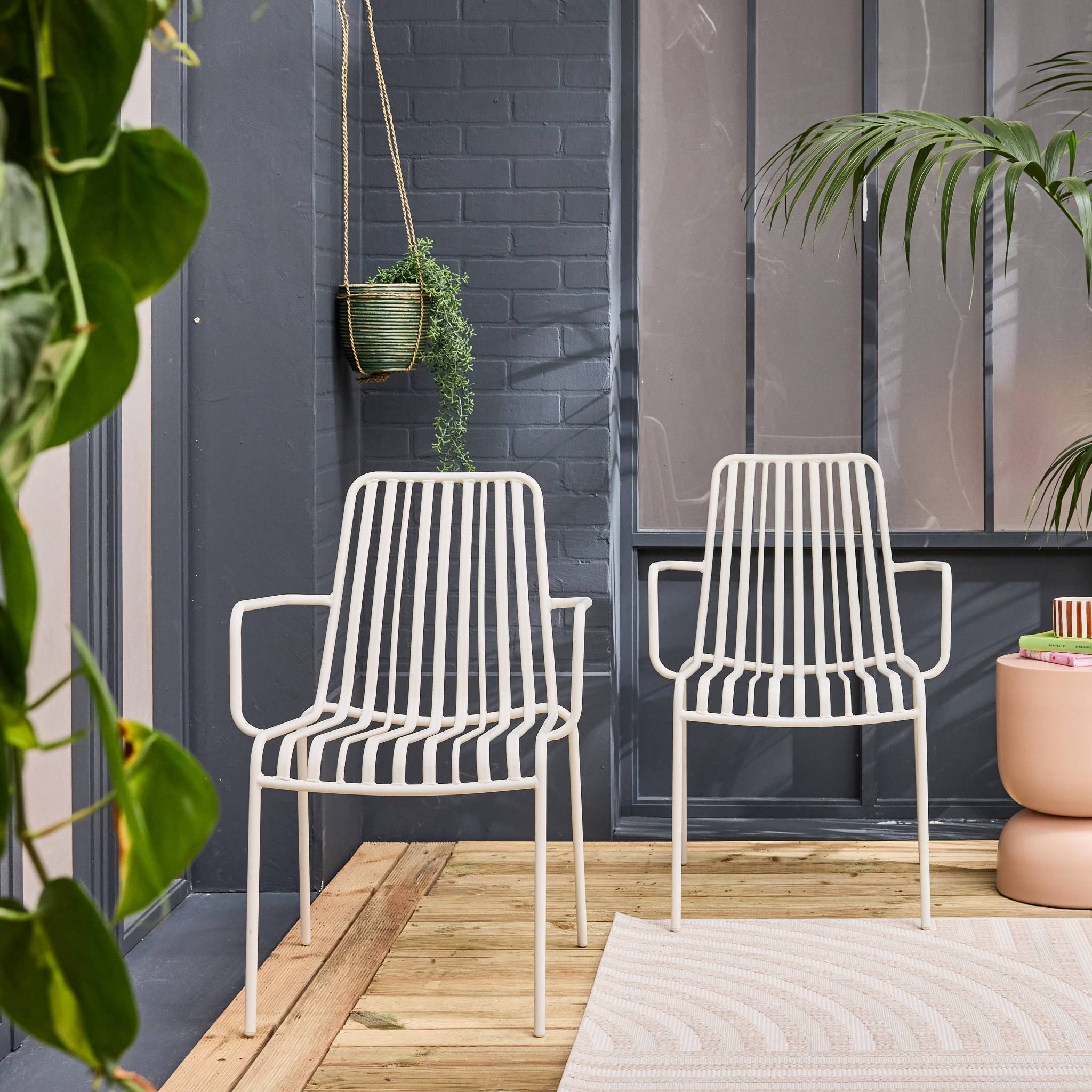 Set di 2 poltrone da giardino impilabile in acciaio, bianco