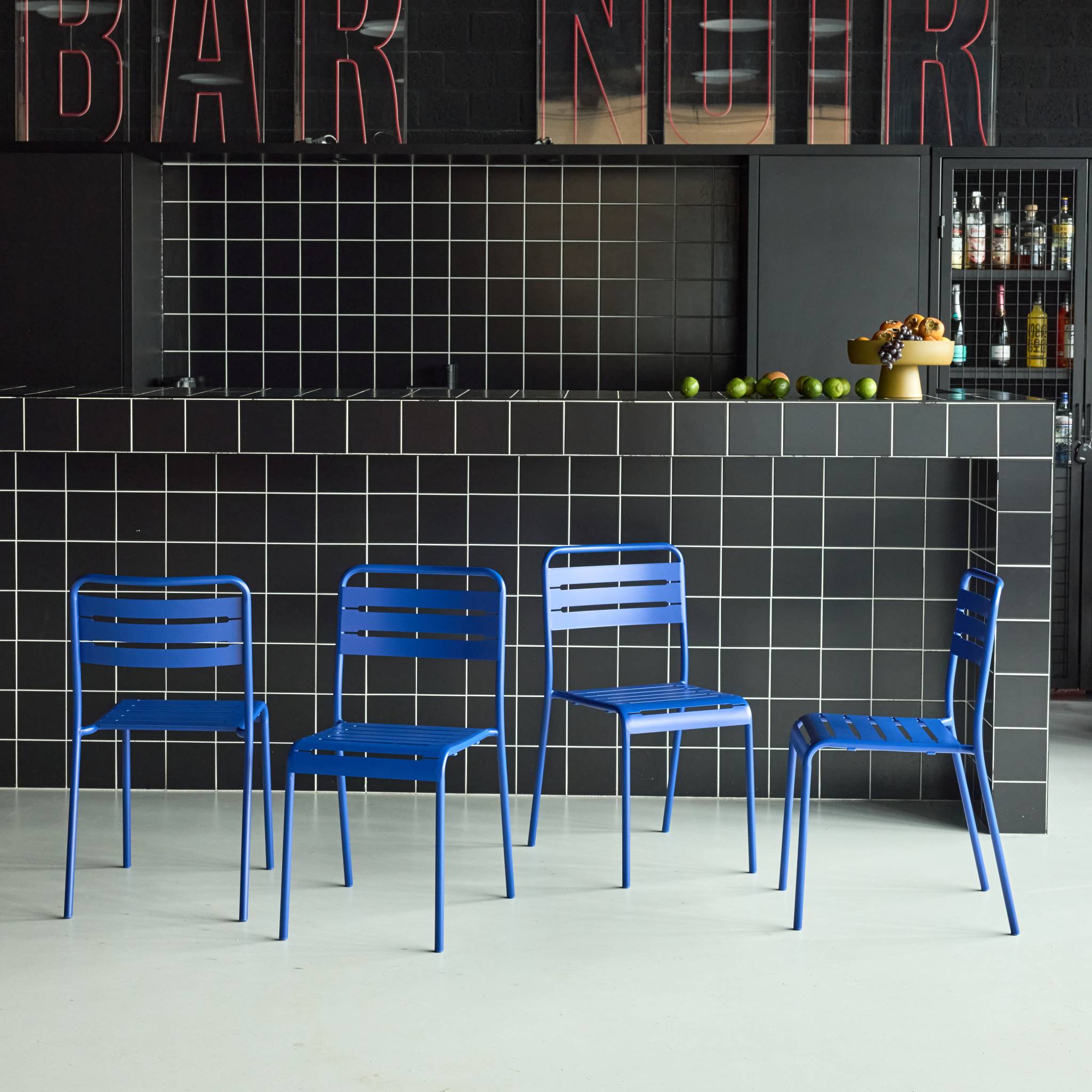 Set di 4 sedie da giardino in acciaio, blu intenso