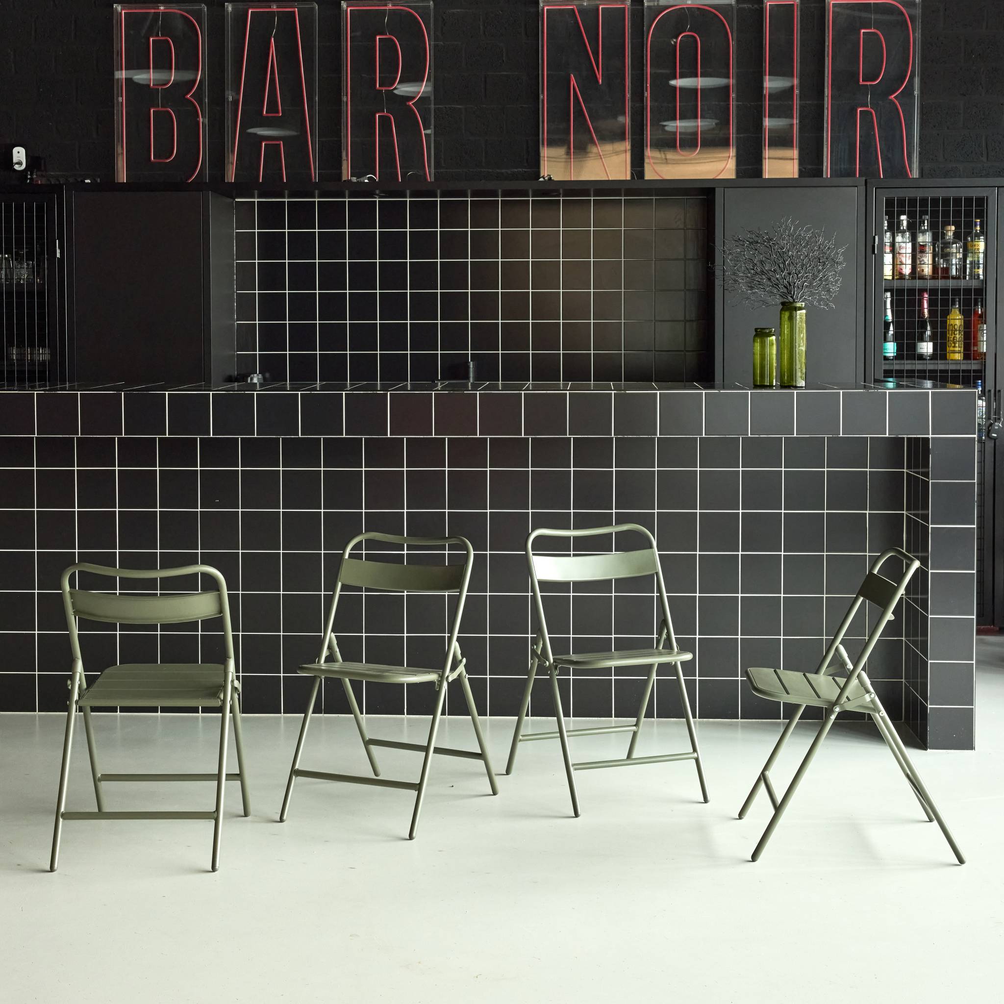 Sedia da giardino pieghevole in acciaio, set di 4, verde kaki