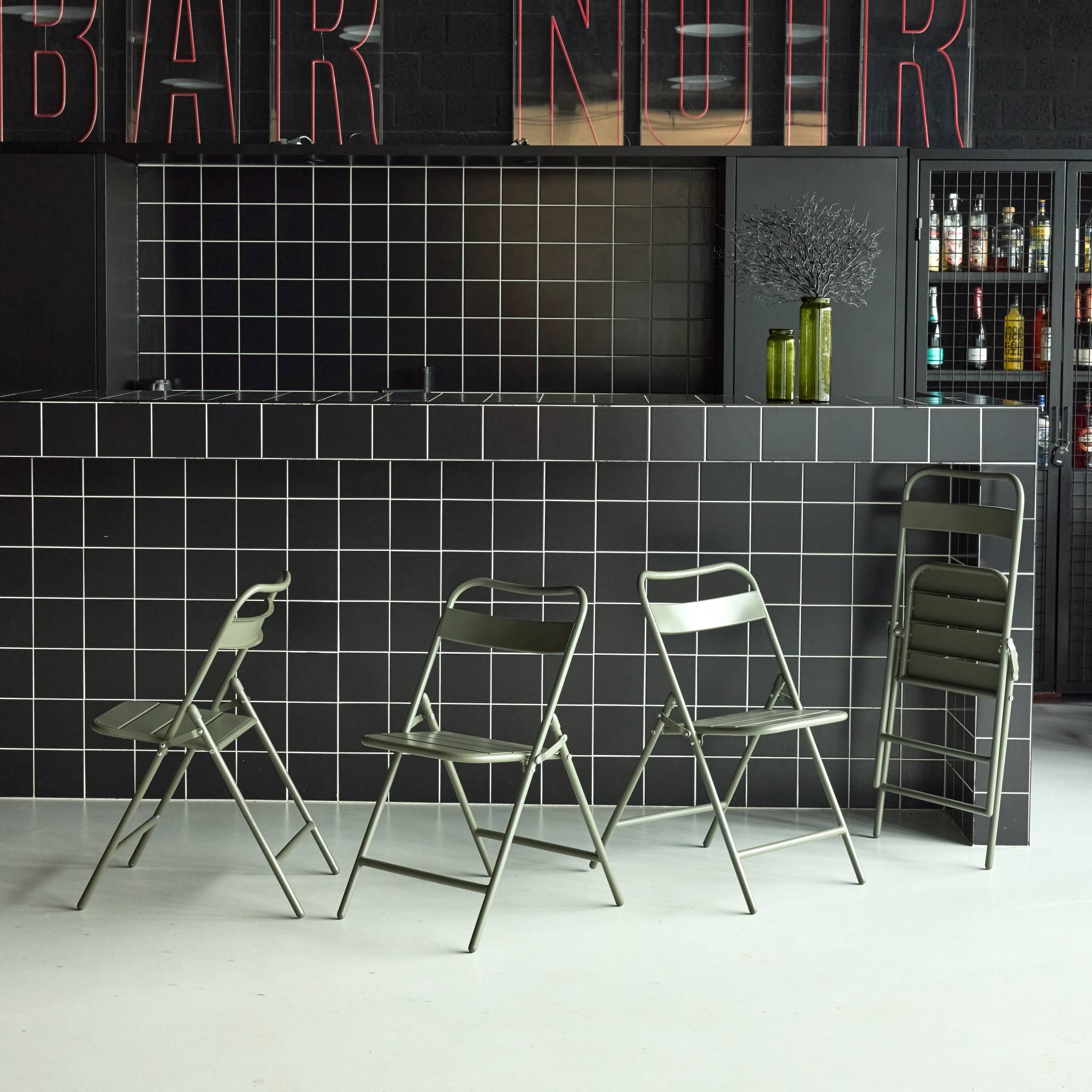 Sedia da giardino pieghevole in acciaio, set di 4, verde kaki