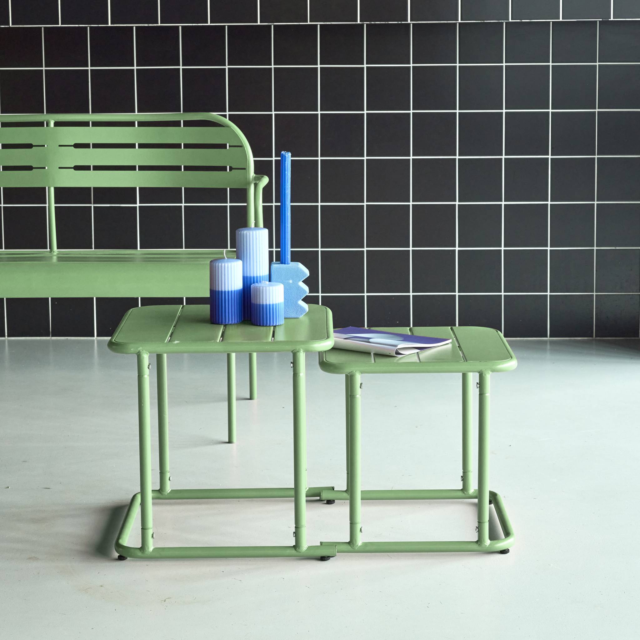 Set di 2 tavolini quadrato in acciaio, verde
