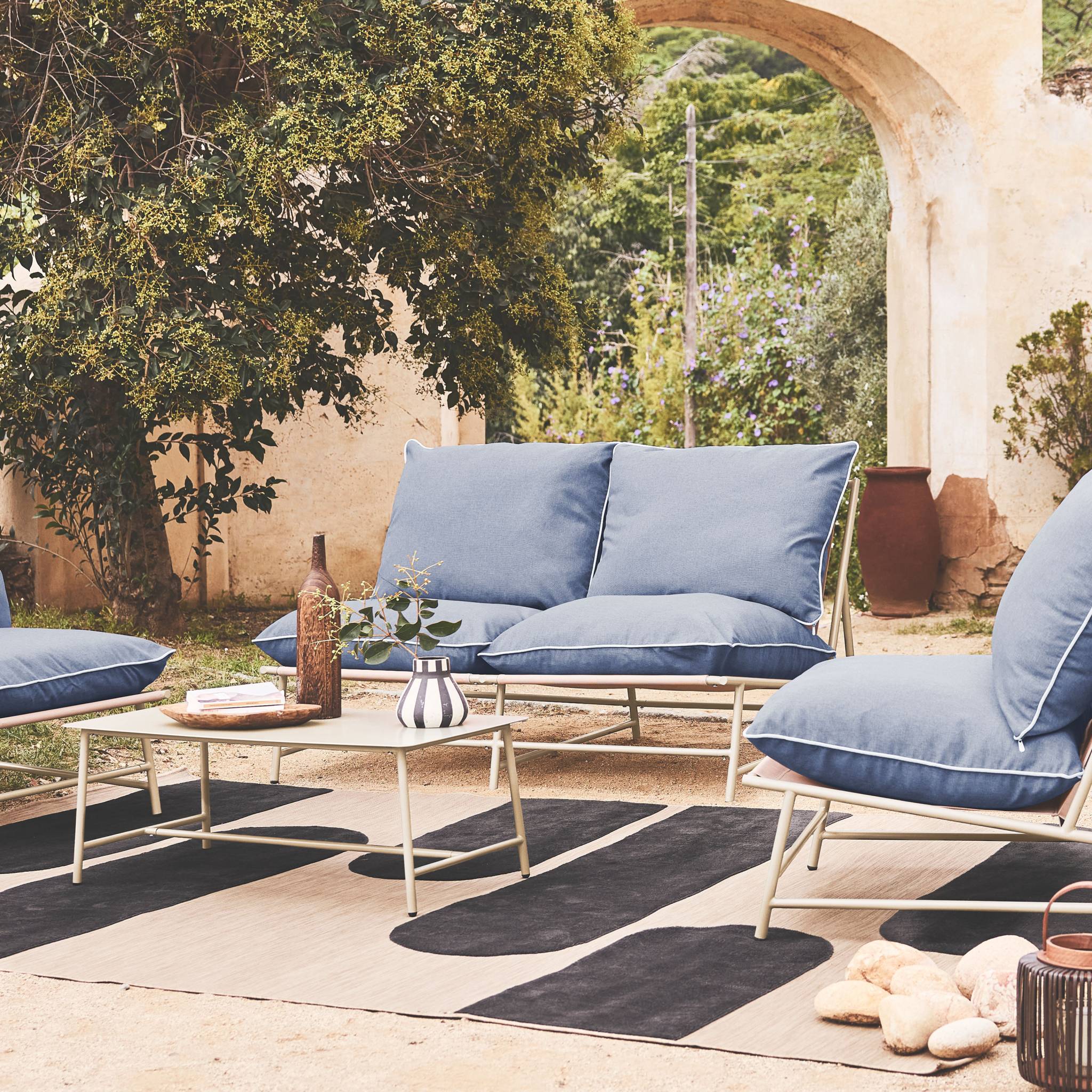 Salotto da giardino in acciaio e textilene a 4 posti, blu