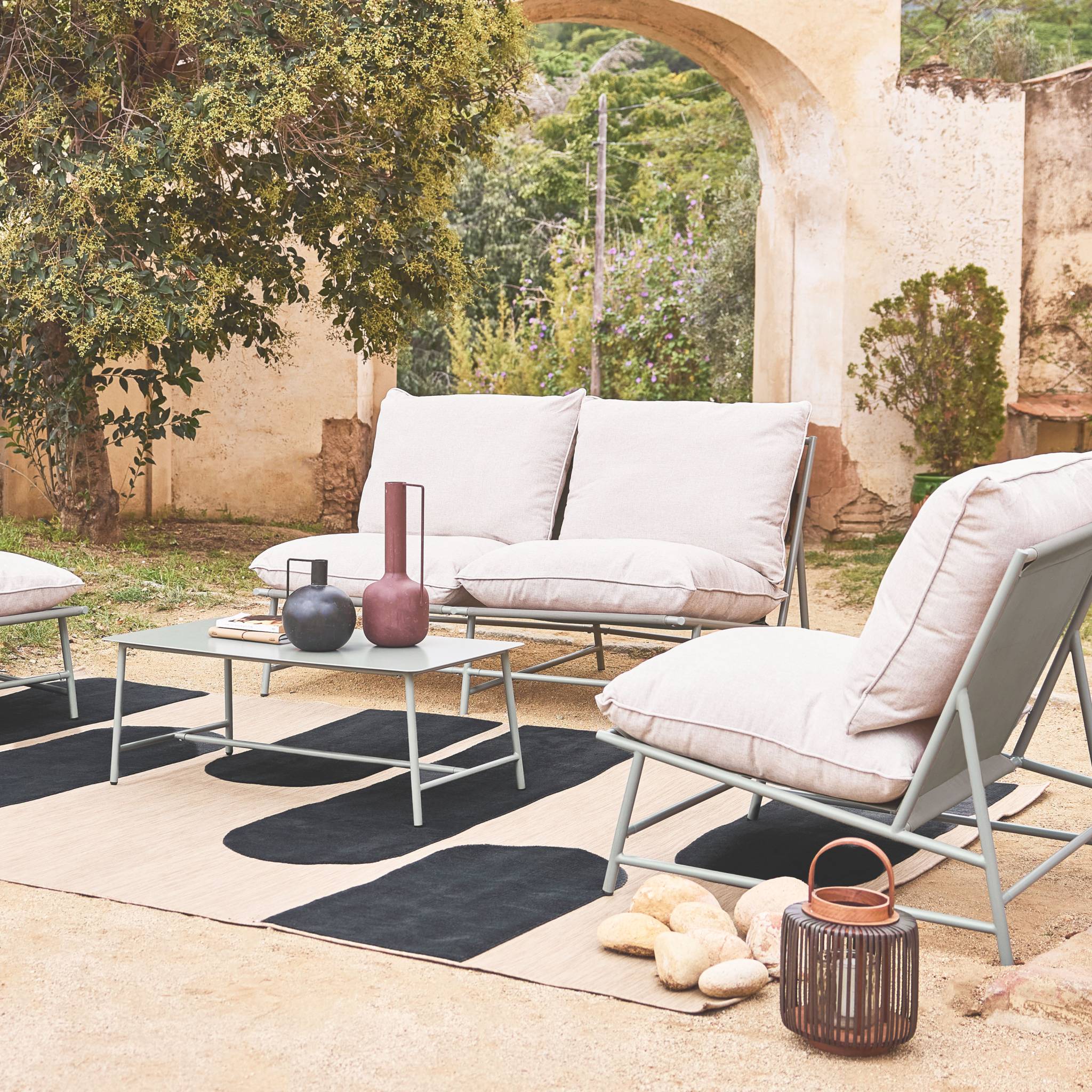 Salotto da giardino in acciaio e textilene a 4 posti, verde kaki