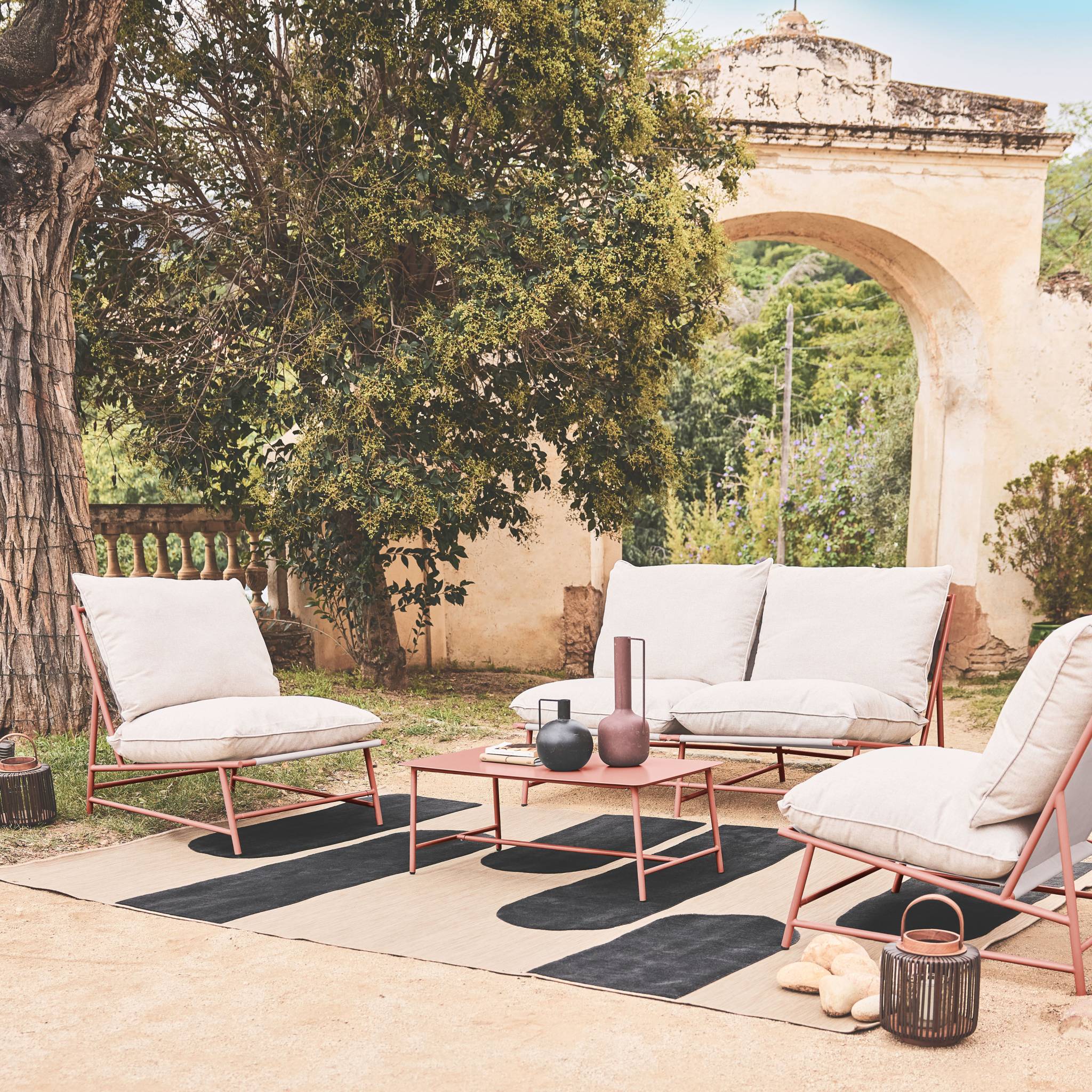 Salotto da giardino in acciaio e textilene a 4 posti, terracotta