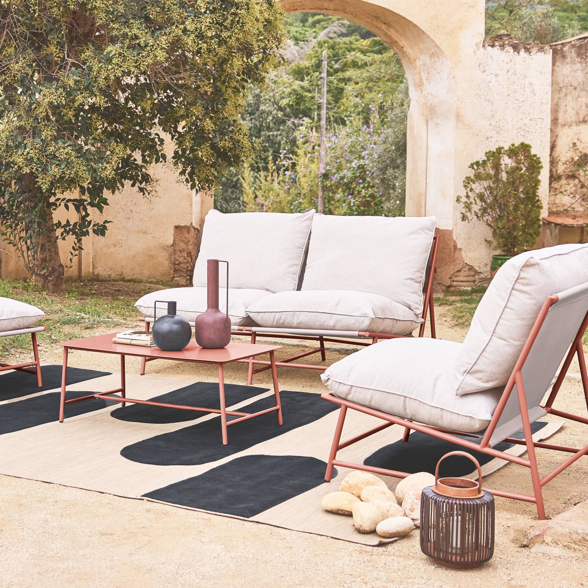 Salotto da giardino in acciaio e textilene a 4 posti, terracotta