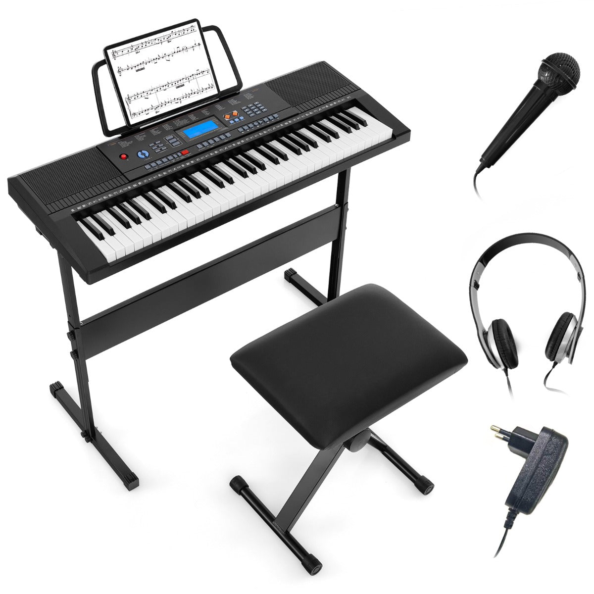 Pianoforte elettronico portatile a 61 tasti con supporto e sgabello, Set di piano digitale con 300 timbri-Tastiere elettriche