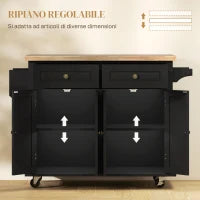 Carrello da Cucina Portavivande con Cassetti, Armadietti e Portaspezie, in Legno e MDF, 111x44.5x82.5 cm, Nero