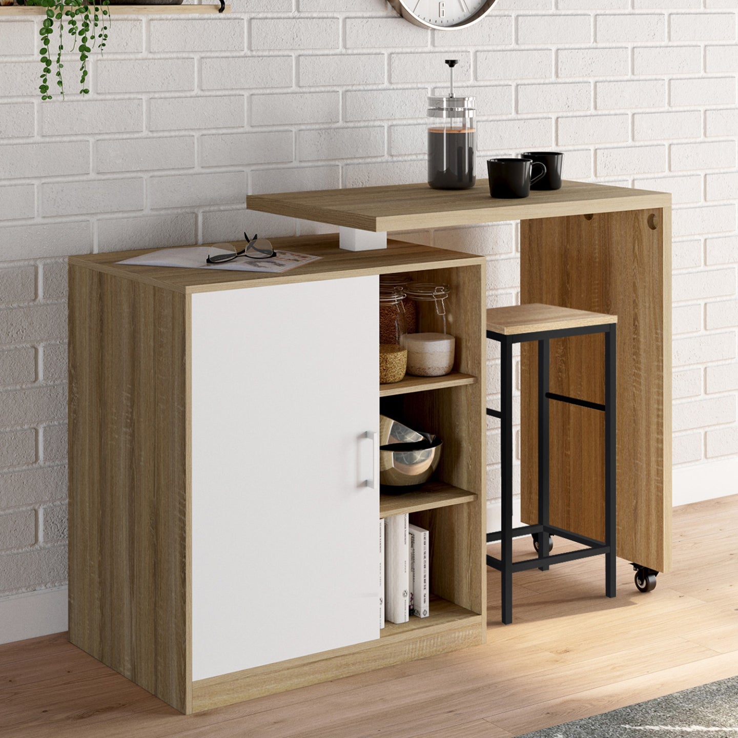 IDMarket - Mueble bar giratorio POLO 2 en 1 en imitación haya con puerta blanca