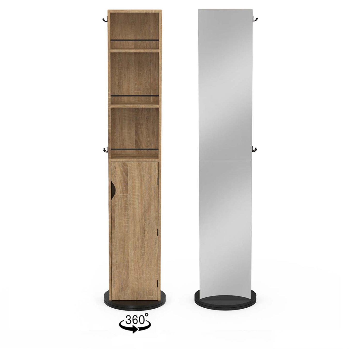 IDMarket - Mueble de baño giratorio con espejo, armario y estantes en haya y negro