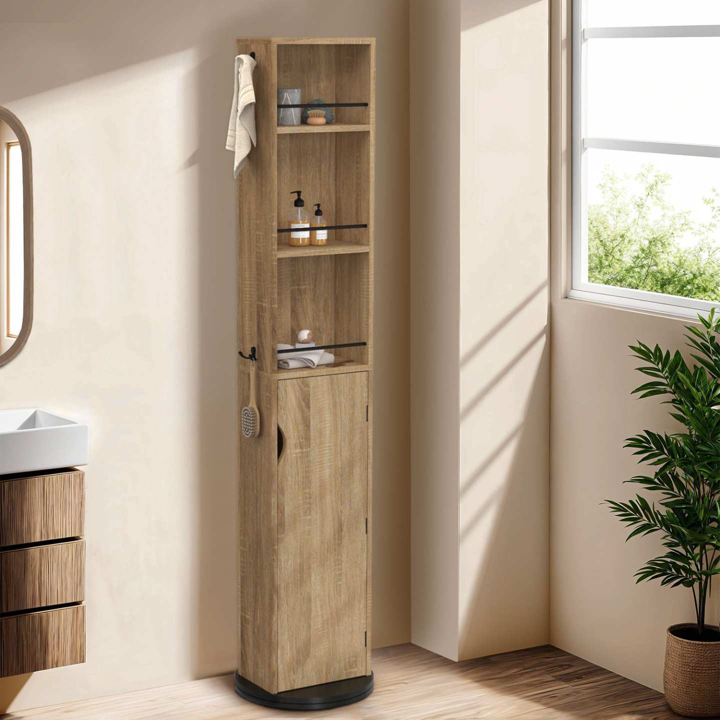 IDMarket - Mueble de baño giratorio con espejo, armario y estantes en haya y negro