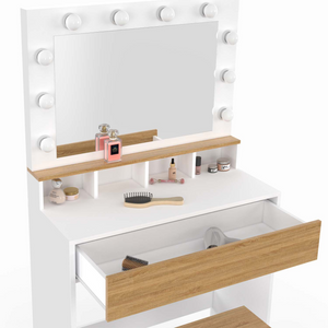 IDMarket - Mueble de tocador ZELIA blanco y haya con espejo LED, 4 huecos, 1 cajón y taburete