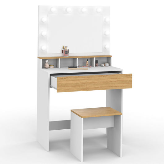IDMarket - Mueble de tocador ZELIA blanco y haya con espejo LED, 4 huecos, 1 cajón y taburete