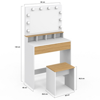 IDMarket - Mueble de tocador ZELIA blanco y haya con espejo LED, 4 huecos, 1 cajón y taburete