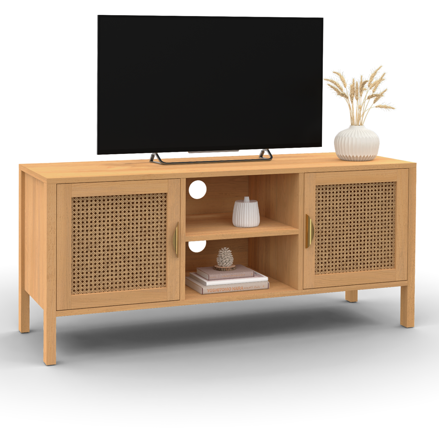 IDMarket - Mueble TV EDHEN 2 puertas con mimbre 110 cm