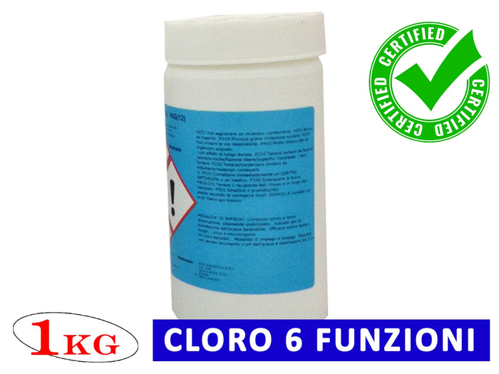 Cloro in Pastiglie per Pulizia Acqua Piscina MULTIFUNZIONE 6 Azioni 1kg 200g Polifunzione