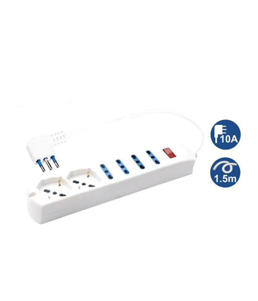Multipresa 2 Prese Universali + 4 Bipasso 10/16a Spina 10a Cavo 1.5 Metri 80084         