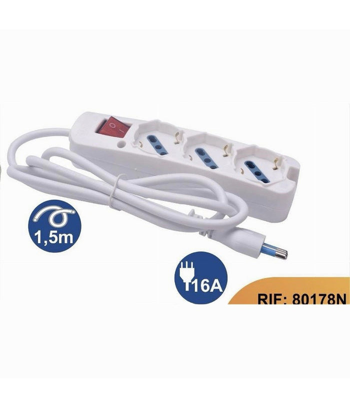 Multipresa 3 Uscite Universali Interruttore Luminoso Spina 16a Cavo 1.5mt 80178n         