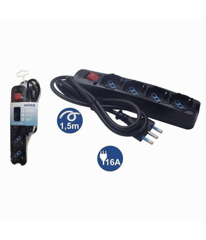 Multipresa 4 Uscite Universali Schuko Spina 16a Cavo 1.5mt Nero Interrutore 80097n         