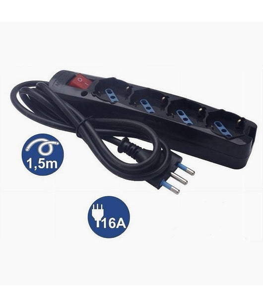 Multipresa 4 Uscite Universali Schuko Spina 16a Cavo 1.5mt Nero Interrutore 80097n         
