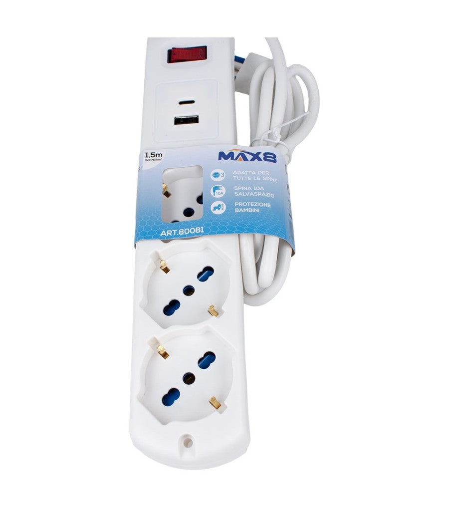 Multipresa 5 In 1 Usb A + C + 3 Prese Per Schuko / Bipasso / Eu Cavo 1.5mt 80081         