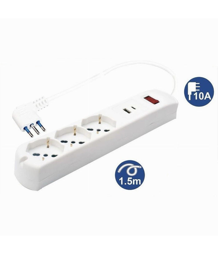 Multipresa 5 In 1 Usb A + C + 3 Prese Per Schuko / Bipasso / Eu Cavo 1.5mt 80081         